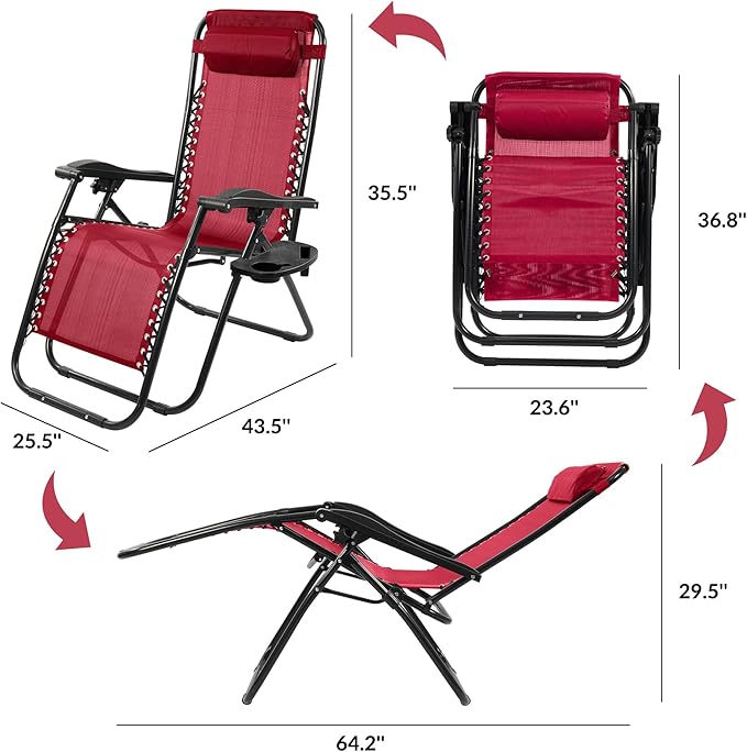 Zero Gravity Chair Set of 2 with Cup Holder & Removable Pillows, Adjustable Reclining Outdoor Patio Folding Chairs Portable Lounge Chair Furniture for Poolside, Lawn, Beach, Camping
