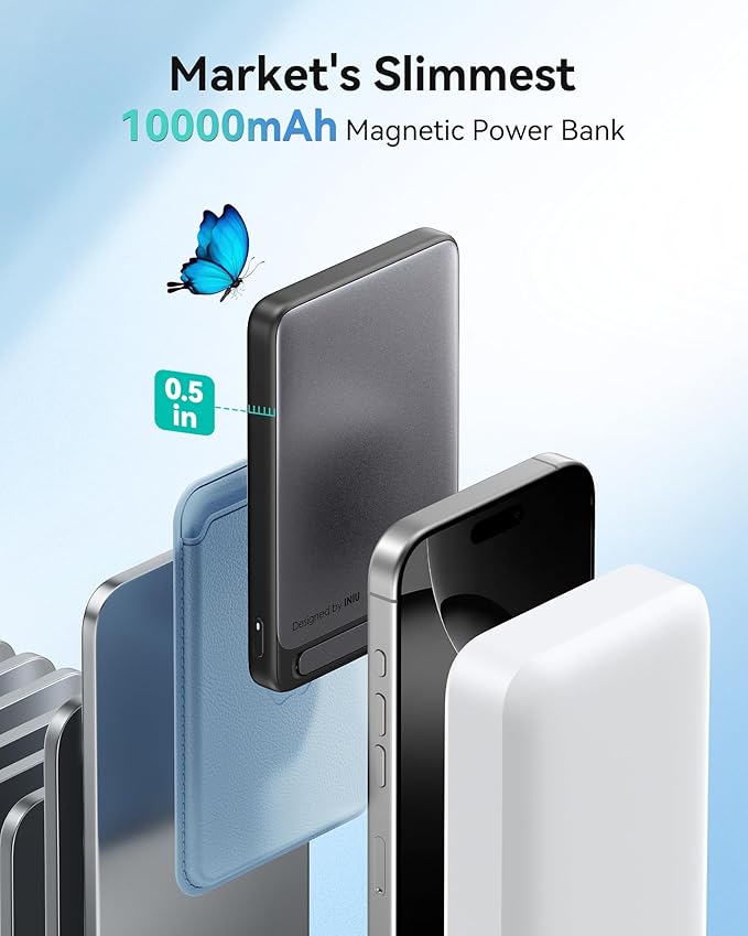 INIU for MagSafe Portable Charger, Qi2 Certified, Slimmest 45W 10000mAh Magnetic Power Bank, with USB C Cable & Stand, Fast Charging Battery Pack for iPhone 16 15 14 13 12 Only, White