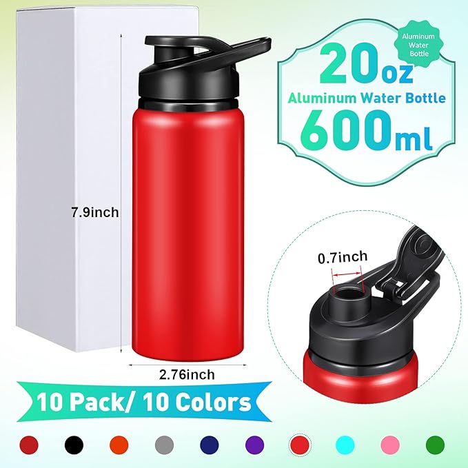 10 Pack 20oz Reusable Aluminum Water Bottles Bulk Operation Christmas Multicolor Outdoor Sports Water Bottles for Travel, Gym, Hiking, Cycling, Camping, Fishing, Snap Lid (Multicolor)