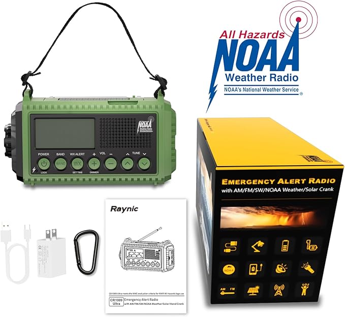 Raynic Emergency Radio, 12000mAh/44400mWh Battery Operated Weather Radio, Solar Hand Crank Radio with AM/FM/SW/NOAA Alert, Cell Phone Charger, Type-C Charging, Flashlight and SOS Siren