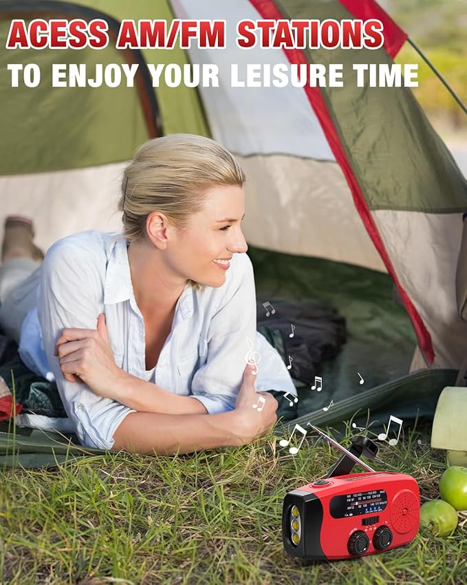 Hand Crank Emergency Radio - 2000mAh/7400mWh AM/FM/NOAA Solar Hand Crank Emergency Radio with 3 LED Flashlights, SOS Function for Emergencies, Camping - Red