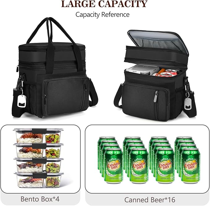 Lunch Box & Lunch Bag for Men Women, Large Insulated Adult Lunch Box, Leakproof Cooler Lunchbox with Bottle Opener for Work Picnic Beach, 16L, Black