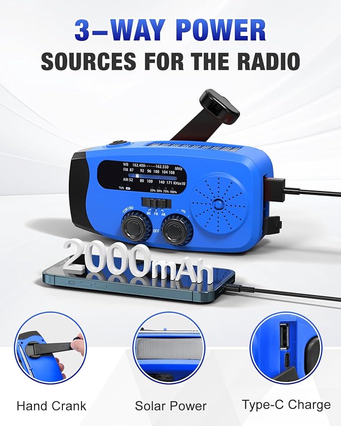 Emergency Hand Crank Radio Emgykit - 2000mAh/7400mWh AM/FM/NOAA Solar Hand Crank Emergency Radio with 3 LED Flashlights, SOS Function for Emergencies, Camping - Blue