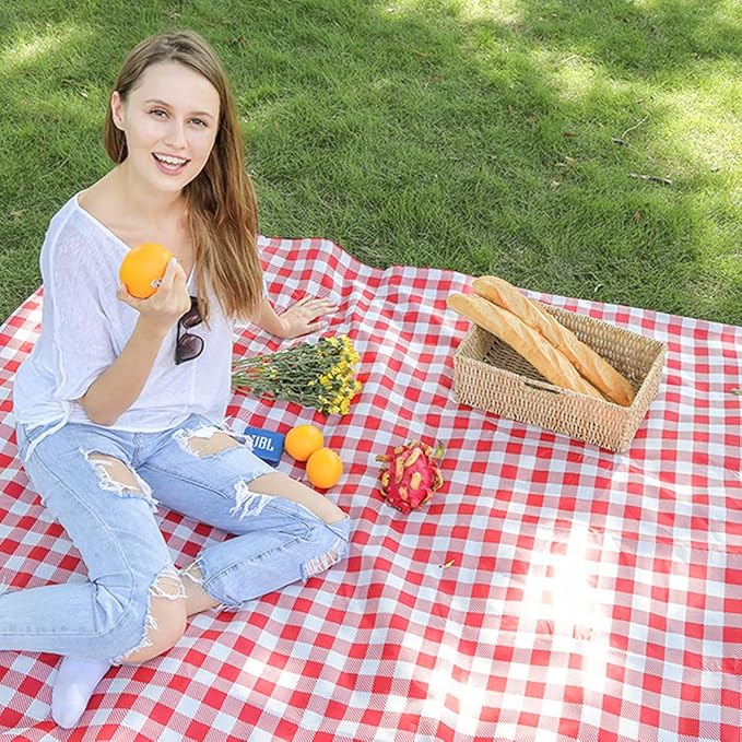 Extra Large 80x80 in Beach Blanket Outdoor Picnic Blankets, Foldable Waterproof Sand Free Beach Mats Picnic Mat for Festival BBQ Park Grass Lawn Camping Hiking Travel Concerts (Classic Red Check)