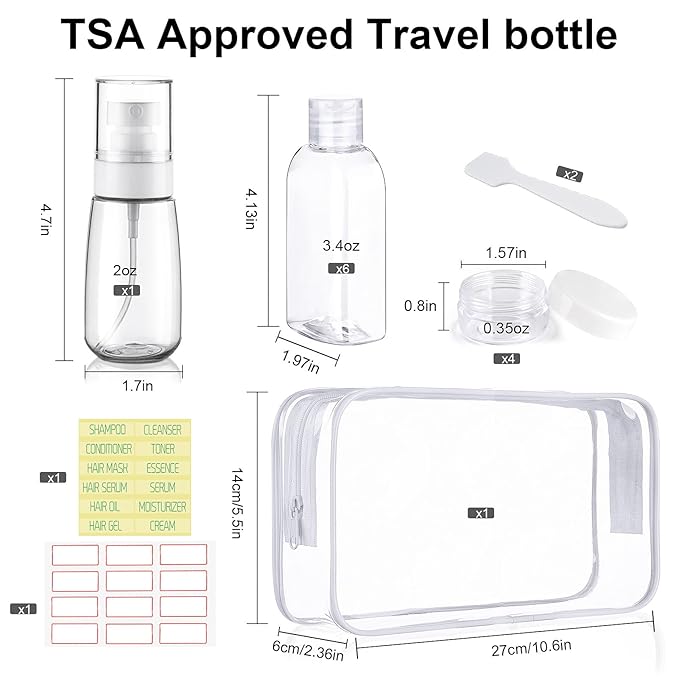 Travel Bottles for Toiletries 10 Pcs Travel Size Toiletries TSA Approved Travel Shampoo and Conditioner Bottles Refillable Spray Bottle Leak Proof Small Cream Jars for Body Wash Lotion(Clear)