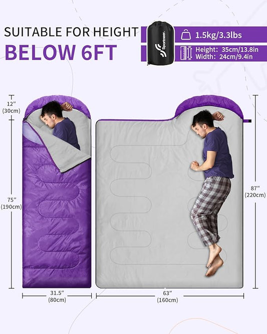 Sportneer Sleeping Bags for Adults, Warm & Cold Weather Sleeping Bag for Adults Kids Boys Girls - Lightweight Compact Camping Gear Equipment, Traveling, Backpacking, Hiking