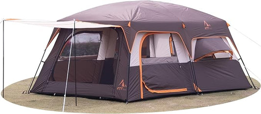 KTT Extra Large Tent 12 Person,2 Bay-Windows,Family Cabin Tents,14'Lx10'Wx6.58'H,2 Rooms and 3 Doors 3 Windows with Mesh,Waterproof,Straight Wall,Big Tent for Outdoor,Picnic,Camping,Gathering