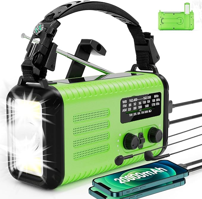 Emergency Hand Crank Radio, 20000mAh NOAA Weather Radio Portable AM/FM/with LED Flashlight, Solar Crank Radios Battery Operated, USB-C Charging, Reading Light, SOS Alarm & Compass for Camping