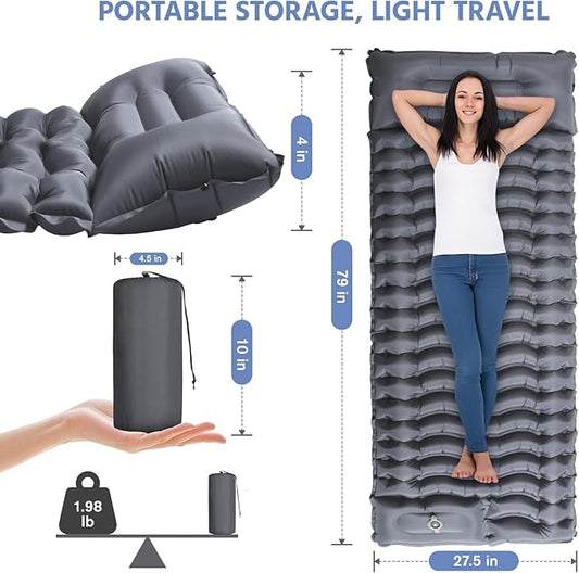 Sleeping Pad for Camping -Ultralight Inflatable Sleeping Mat with Pillow, Built-in Foot Pump, Compact & Lightweight Camping Mattress Pad for Camp, Backpacking, Hiking, Travel Tent (Grey)