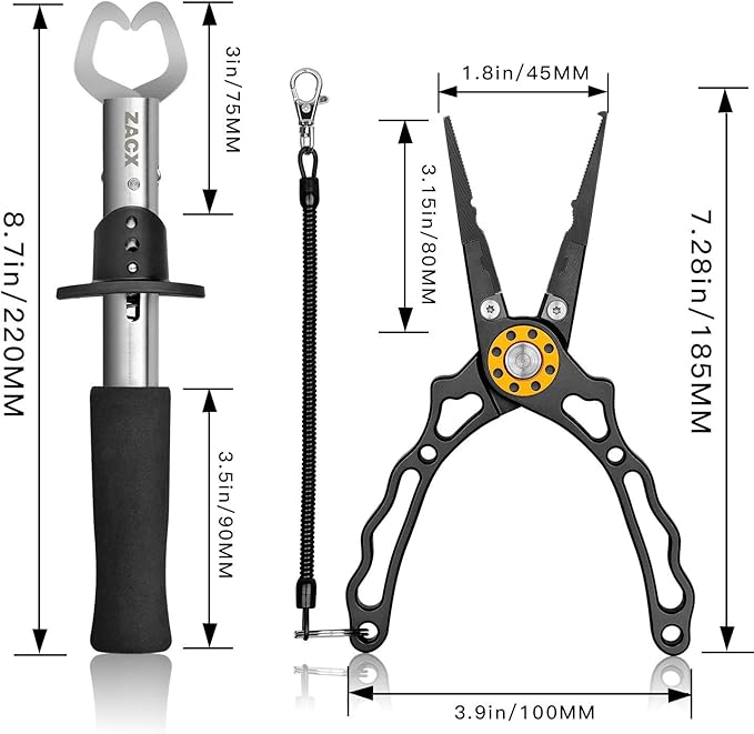 ZACX Fish Lip Gripper Pliers - Upgraded Muti-Function Hook Remover and Split Ring Pliers for Fly Fishing, Ice Fishing, Fishing Gear - Gift for Men (Package B)
