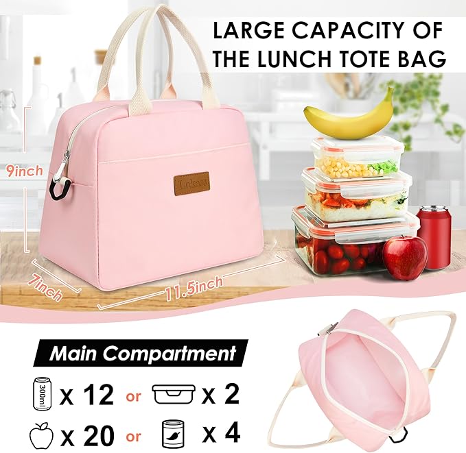 LOKASS Lunch Bag for Women-Insulated Adults Lunch Box with Front Pocket- Small Cute Lunch Tote for Work-Reusable Cooler Bag for Office Picnic Beach or Travel(pink)