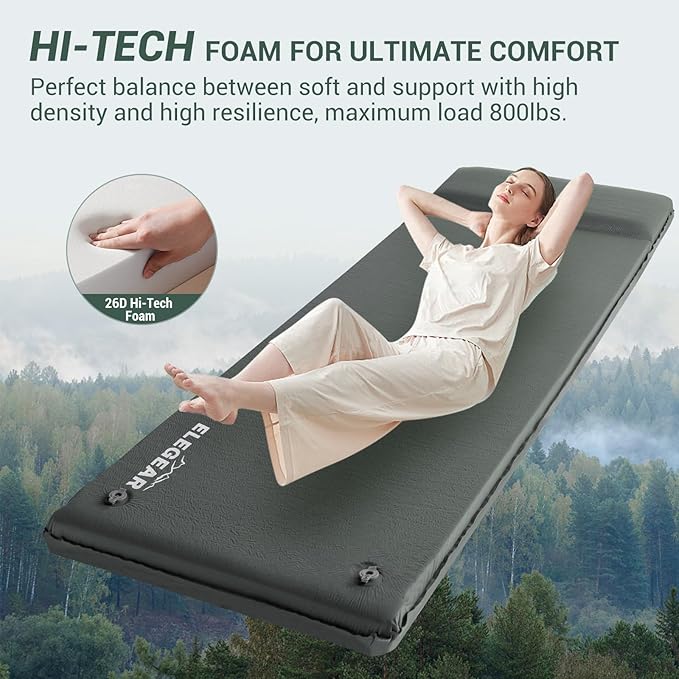 Elegear Self Inflating Sleeping Pad, 3.15" Ultra-Thick Memory Foam Camping Pad with Pillow Fast Inflating in 20s Insulated Camping Mattress Pad 4-Season Camp Sleeping Mat for Camp/Travel/Car/Tent
