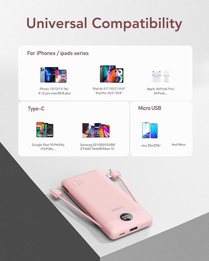 VEGER Portable Charger with Built-in AC Plug and Cables, All in One 10000mAh Ultra-Slim Power Bank, 15W Fast Charging for iPhone, Samsung, Android, Travel Essential (Crepe)