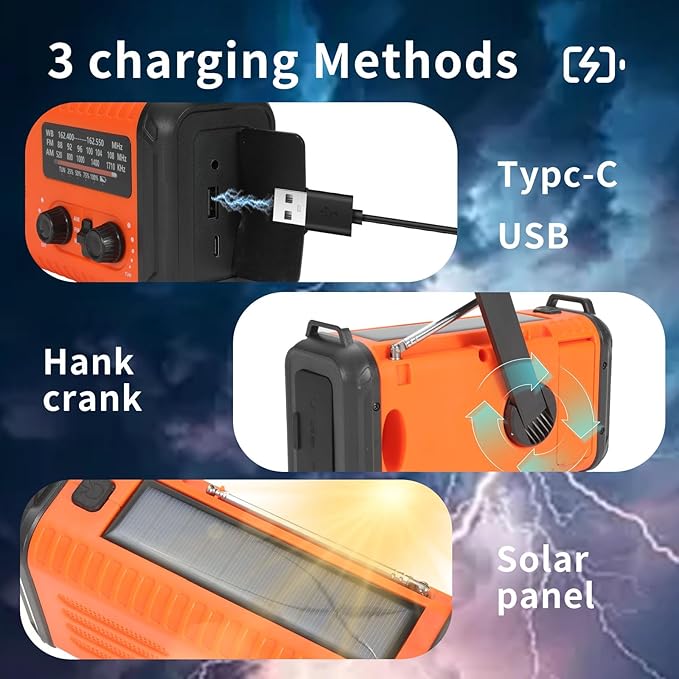 20000mAh/74000mWh Emergency Weather Radio, NOAA/AM/FM Solar Hand Crank Radio, USB/Solar/Hand Crank Charging, Battery Powered Radio with SOS Alarm & Flashlight for Camping/Emergencies (Orange)