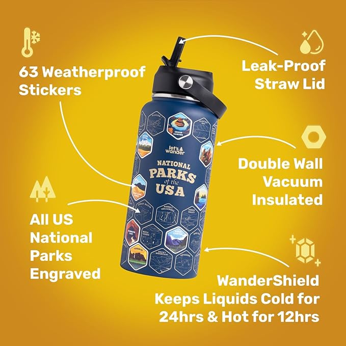 LET'S WANDER National Parks Water Bottle with 3 Lids & 63 Waterproof Stickers - 32oz Leakproof Insulated Stainless Steel with Straw - USA Hiker Gift Bottle (Blue)