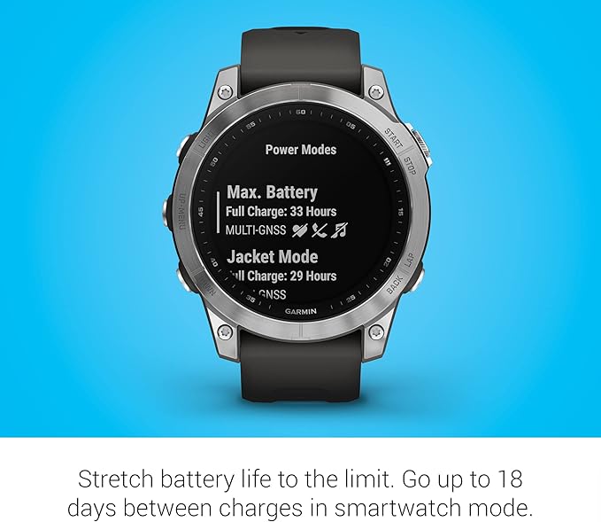 Garmin Fenix 7, Adventure smartwatch, Rugged Outdoor Watch with GPS, Touchscreen, Health and Wellness Features, Silver with Graphite Band - 010-02540-00
