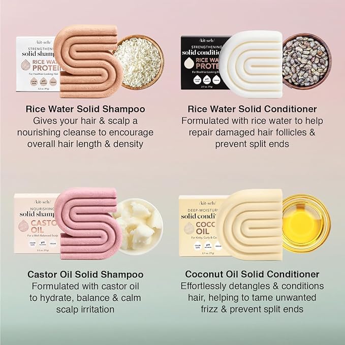 Kitsch 4pc Sampler Solid Shampoo and Conditioner Set - Rice Bar & Castor Oil Shampoo and Rice Bar & Coconut Oil Deep-Moisturizing Hair Conditioner, Zero Waste