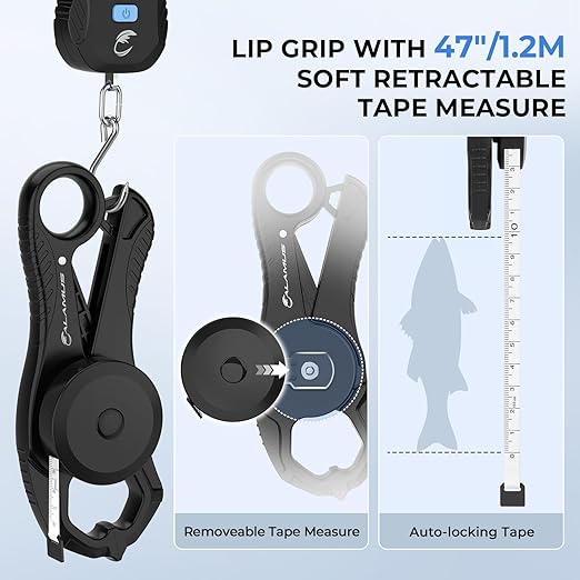 Calamus Lightweight Fish Scale & Lip Grip Combo, Rechargeable Digital Scale with USB Cable, 55lb Capacity, Lip Gripper with Soft Retractable and Detachable Measuring Tape, Fishing Gifts for Men