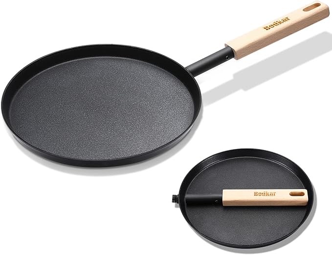 8-inch Frying Pan Skillet Flat Crepe Pan, Lightweight Grill Pan with Wooden Handle for Camping Indoor Outdoor Cooking