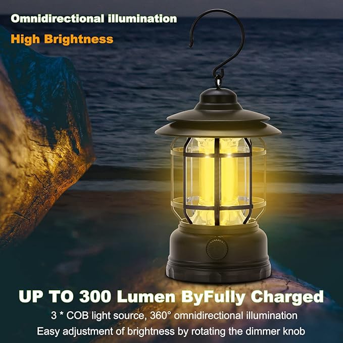 Camping Lanterns Rechargeable, Portable Electric LED Camping Lights Outdoor Hanging Tent Light Vintage Tabletop Lantern Decor Stepless Dimming Waterproof for Camping, Power Outages, Indoor (Black)