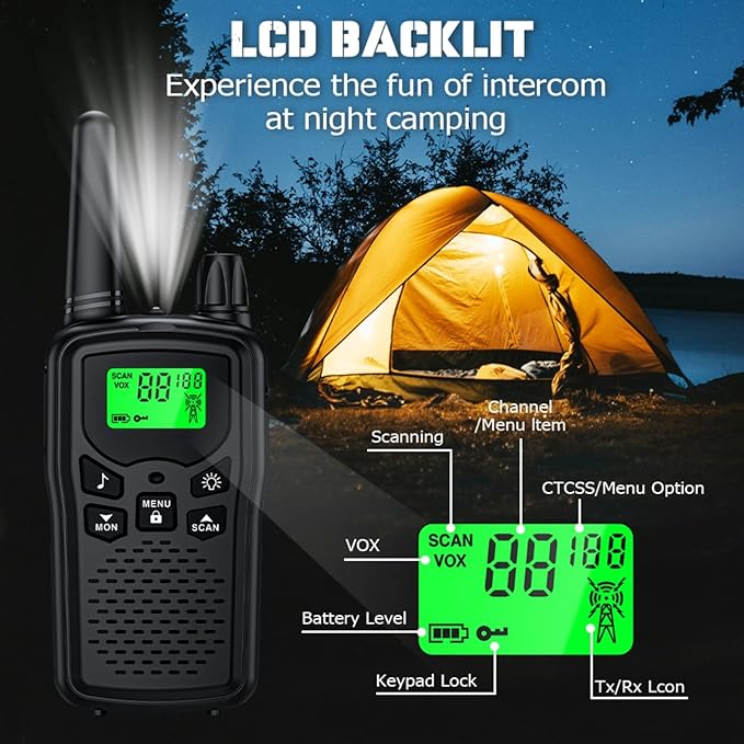 Walkie Talkie Long Range Walkie talkies with Rechargegable for Adults, 22 Channel FRS 2-Way Radios Walky Talky with LED Flashlight for Climbing, Camping Trip and Family Emergency Kit(2 Pack Black).
