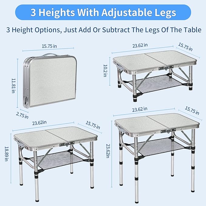 Small Folding Camping Table, Aluminum 3 Adjustable Height Foldable Table, 24" x 16" Portable Lightweight Picnic Table with Mesh Layer for Outdoor Indoor Beach Patio BBQ Backpacking(White)