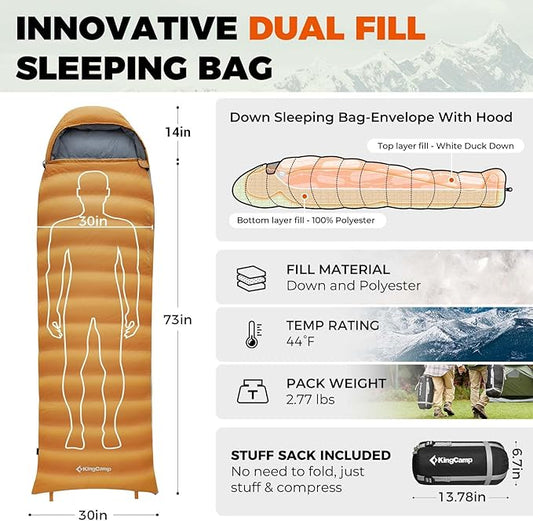 KingCamp Down Sleeping Bag for Adults, 600 FP Cold Weather 3-4 Season Sleeping Bag, Ultralight & Compact with Compression Sack for Backpacking, Camping, Hiking