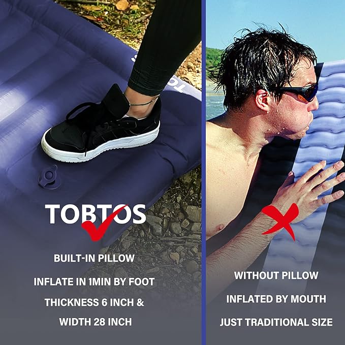 TOBTOS Inflatable Camping Sleeping Pad with Pillow, Thick 6 Inch Ultralight Sleeping Pad with Built-in Pump, Lightweight Sleeping Mat for Camping, Backpacking, Hiking, Tent (Blue)