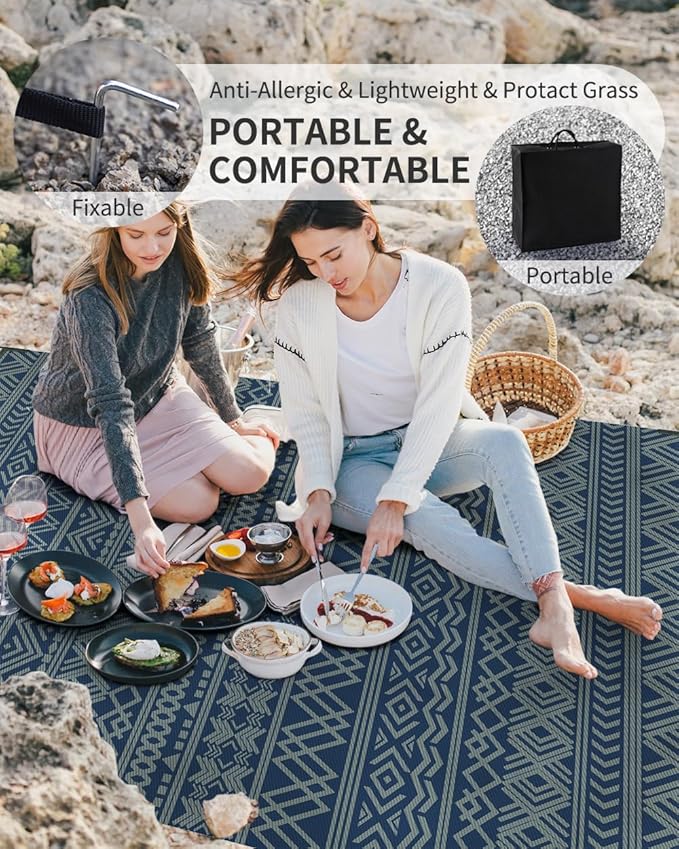 MontVoo Outdoor Rug 8x10 Waterproof Outdoor Patio Rug Mat Reverisble Plastic Straw Outdoor Rug for RV Camping Picnic Beach Balcony Boho Blue Green