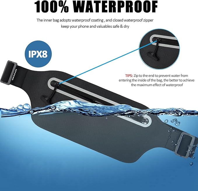 Waterproof Fanny Pack Women for Swimming Running Belt Bag Men Waist Bag Kids, Slim Hiking Waist Pack GYM Runners Exercise Workout Beach Kayaking Water Sports Dry Bags Cell Phone Pouch Black