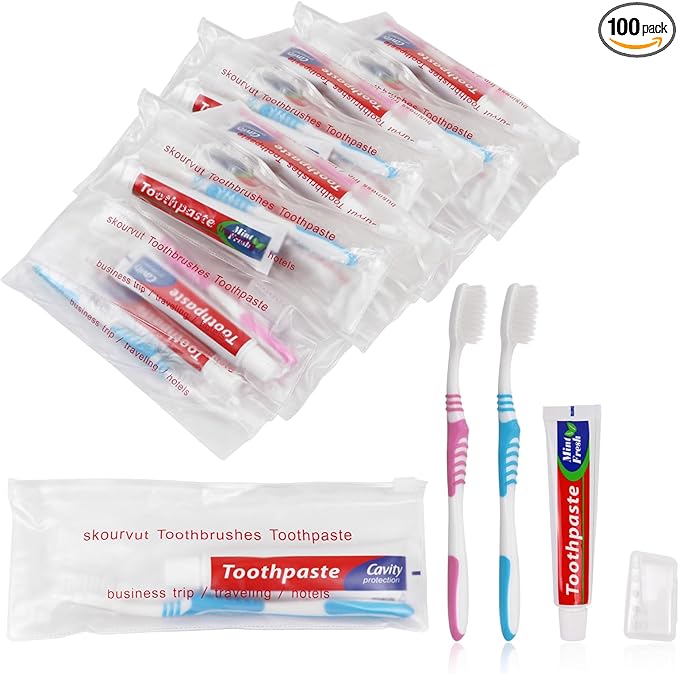 Disposable Toothbrushes with 45 Grams Toothpaste Individually Wrapped, Travel Kit Whit Plastic Zip Bag,Toothbrush Head Cover, Bulk Toothbrush for Homeless,Travel,Shelter,Air Bnb,Hotel,Guest (100)