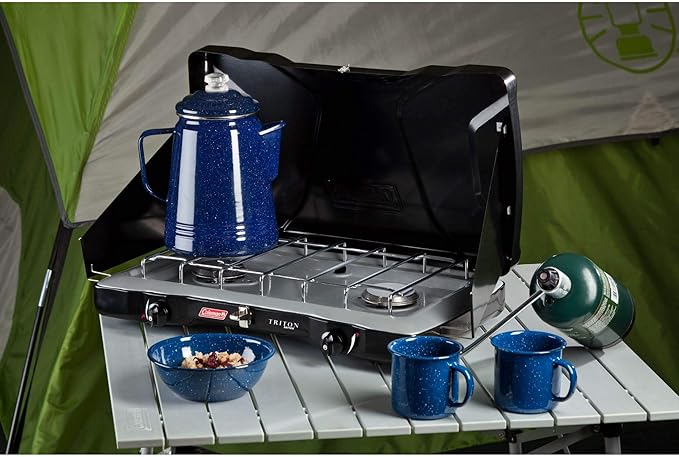 Coleman Triton 2-Burner Propane Stove, Portable Camping Cooktop with 2 Adjustable Burners & Wind Guards, 22,000 BTUs of Power for Camping, Tailgating, Grilling, BBQ, & More