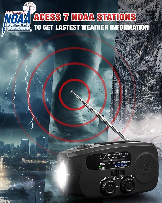 Emergency Hand Crank Radio Emgykit - 2000mAh/7400mWh AM/FM/NOAA Solar Hand Crank Emergency Radio with 3 LED Flashlights, SOS Function for Emergencies, Camping - Black
