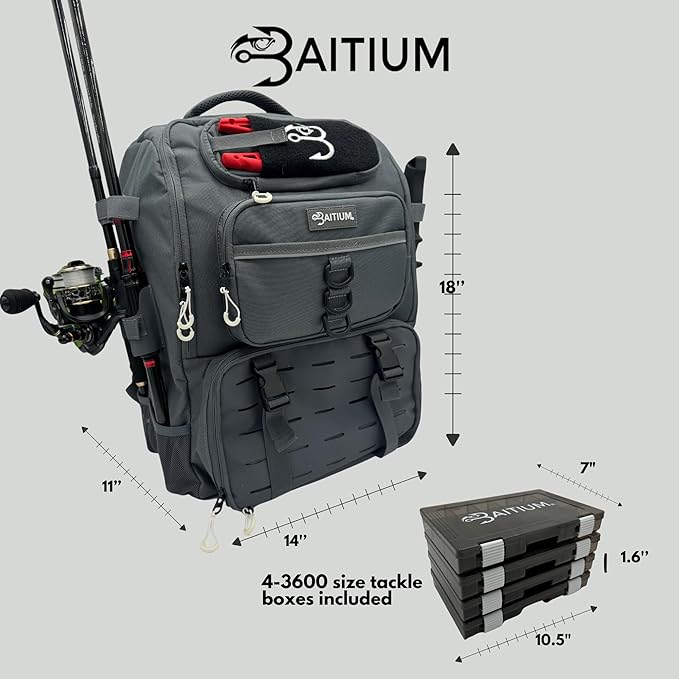 Baitium Fishing Backpack, Tackle Bag With Rod Holders, 40L Capacity With Cooler, Rain Cover, Insulated Pocket, 4 Tackle Trays Included - (Grey)