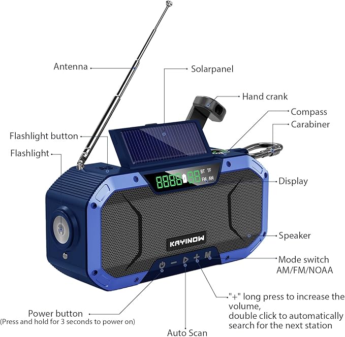 KAYINOW Emergency NOAA Weather Radio, Solar Hand Crank FM AM Radio with Bluetooth Speaker, 5000mAh Battery Powered Phone Charger, Flashlight, IPX5 Waterproof, SOS Alarm for Survival Hurricane Camping