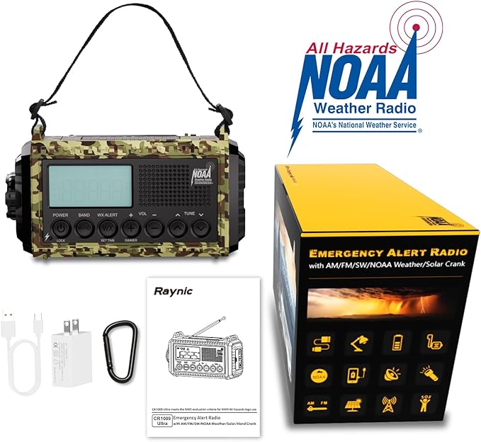 Raynic Weather Radio, 12000mAh Hand Crank Emergency Radio, 6 Ways Powered AM/FM/SW/NOAA Weather Alert Radio with Flashlight, Cell Phone Charger and SOS Siren for Power Outages (Camo-Green-LCD Display)