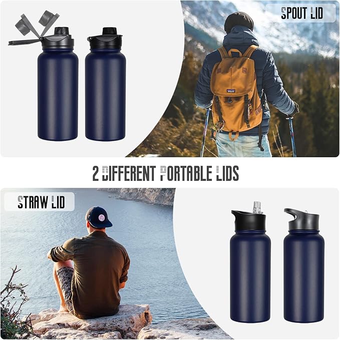 32 oz Insulated Water Bottle Bulk 4 Pack, Stainless Steel Sports Water Bottles with Straw Lid & Wide Mouth Lids, Double Walled Vacuum, Leak Proof, Blue