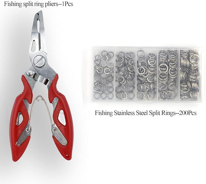 Pack of 201pcs Fishing Stainless Steel Split Rings 5 Sizes and Plier Set, Split Ring Capable of withstanding Large tensile Force and Fishing Plier Tool Kit for Saltwater Fishing Lure Connectors…
