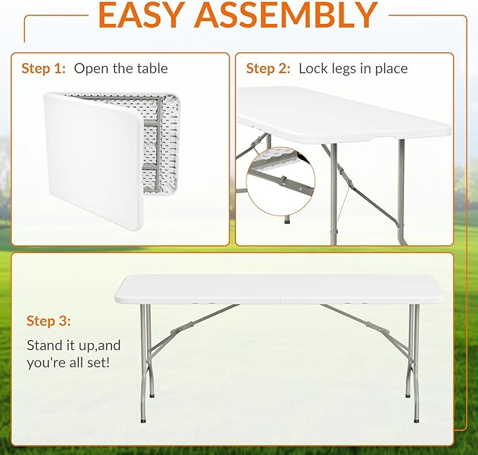 Folding Table, 6 Feet Heavy Duty Fold-in-Half Utility Table Indoor Outdoor for Camping, Picnic, Party