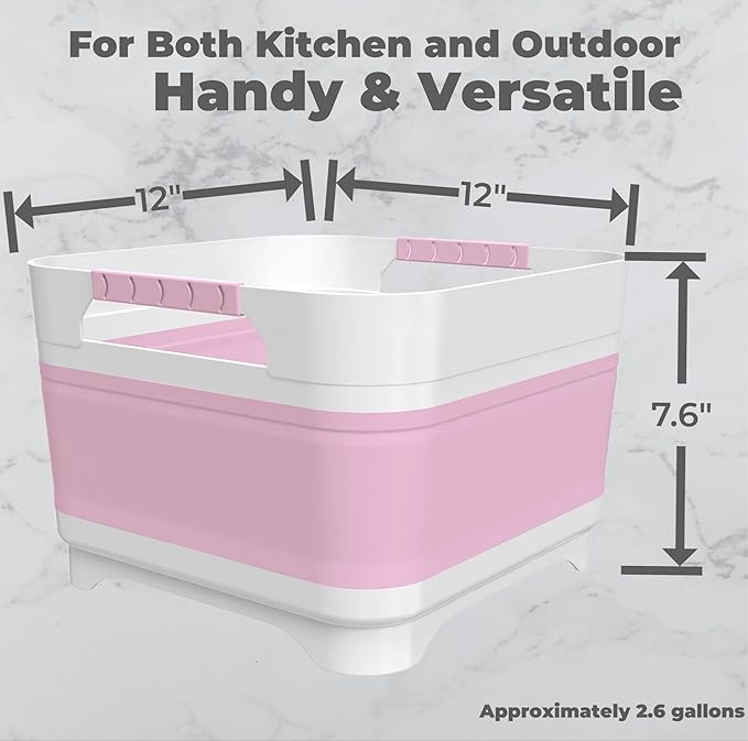 Wash Basin for Baby Bottles, Foldable, Versatile Wash Tub for Kitchen, RV, Outdoor Camping Sink, Sturdy & Easy to Clean, Space saving plastic dish tub (Pink)