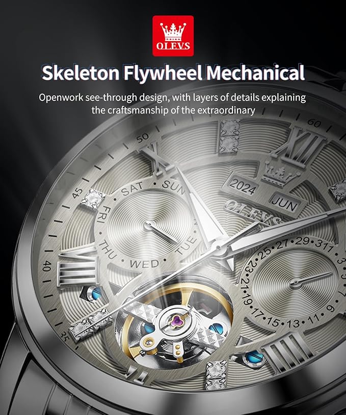 OLEVS Mens Automatic Watches Gold Luxury Diamond Dress Self Winding Mechanical Skeleton Tourbillon Stainless Steel Wrist Watch