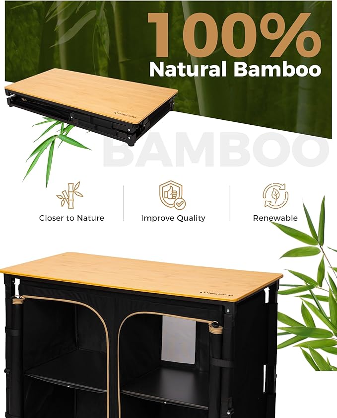 KingCamp Bamboo Camp Kitchen Station, Folding Overland Camping Kitchen Table Hooks Portable Outdoor Cooking with Adjustable Lantern Pole & Windshield Storage Organizer for Tailgating BBQ Picnic RV