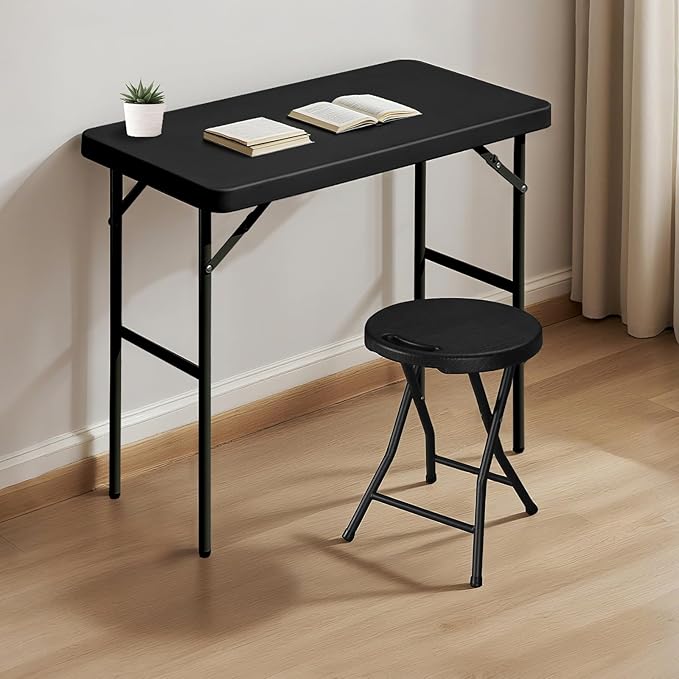 Folding Table 2.7ft Rectangular All-Occasion Plastic Folding Event Table for Indoor and Outdoor, Portable Desk, Camping, Durable and Stable, HDPE and Steel, Wide Application, Black