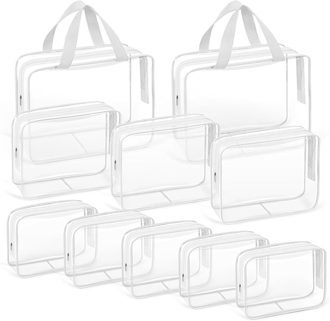 TISRATOK 10 PCS Clear Travel Makeup Toiletry Bag, Plastic PVC Cosmetic TSA Approved Organizer Kit with Zipper Handbag(White)