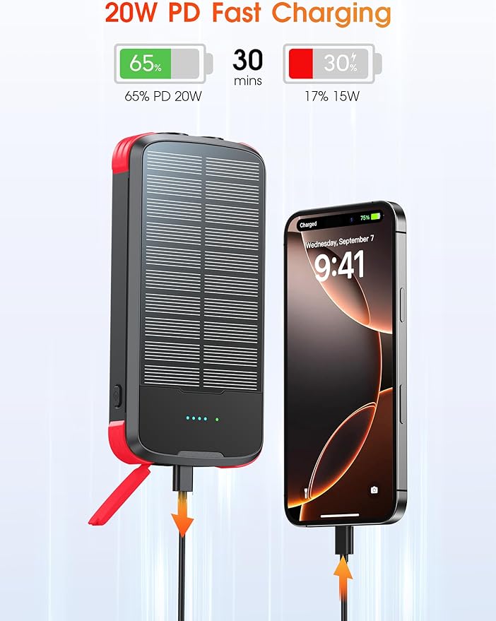 Solar Charger Power Bank, PD 20W Fast Charging External Batter, 40000mAh Portable Phone Charger Built in 4 Cables with Dual Bright Flashlights for Camping, Hiking, and Outdoor Use(RED)