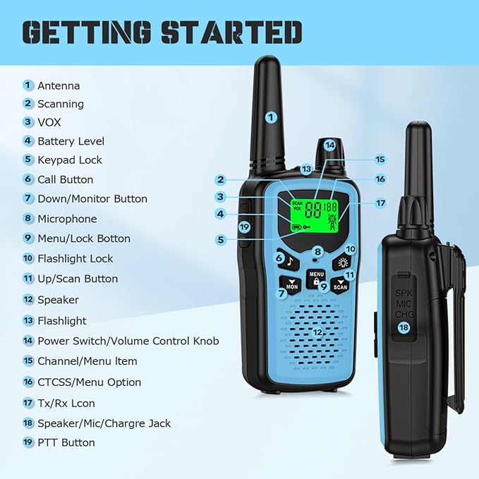 Walkie Talkie Long Range Walkie talkies with Rechargegable for Adults, 22 Channel FRS 2-Way Radios Walky Talky with LED Flashlight for Climbing, Camping Trip and Family Emergency Kit(2 Pack Blue).