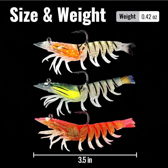 3Pcs Shrimp Fishing Lures for Saltwater and Freshwater Soft Bait Pre-Rigged Glow Eyes Lifelike Silicone Prawn Jig for Bass Trout Redfish Flounder Crappie Snook Walleye Fishing