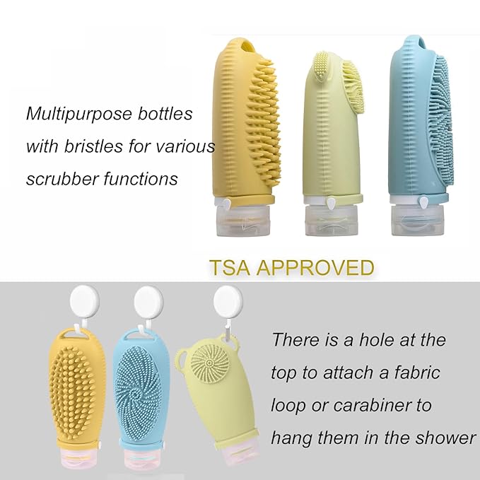 Squeezable Silicone Travel Bottles for Toiletry Leakproof TSA Approved Travel Size Container Multi-functional Travel Essentials with Facial Brush Body Scrub Scalp Massage