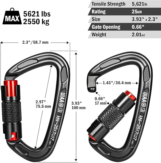 FresKaro UIAA Certified 25KN Auto Locking Climbing Carabiner Clips, Twist Lock, and Heavy Duty Carabiners for Rock Climbing, Rappelling, and Mountaineering, D Shaped 3.93 Inch, Large Size, Black