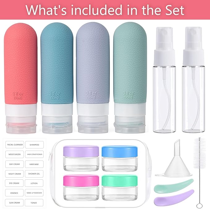 16pack Travel Bottles for Toiletries, TSA Approved LeakProof Squeezable Silicone Toiletry Containers for Shampoo, Conditioner, 3oz Portable Refillable Travel Size Liquid Containers (16Pcs/Warm Color)